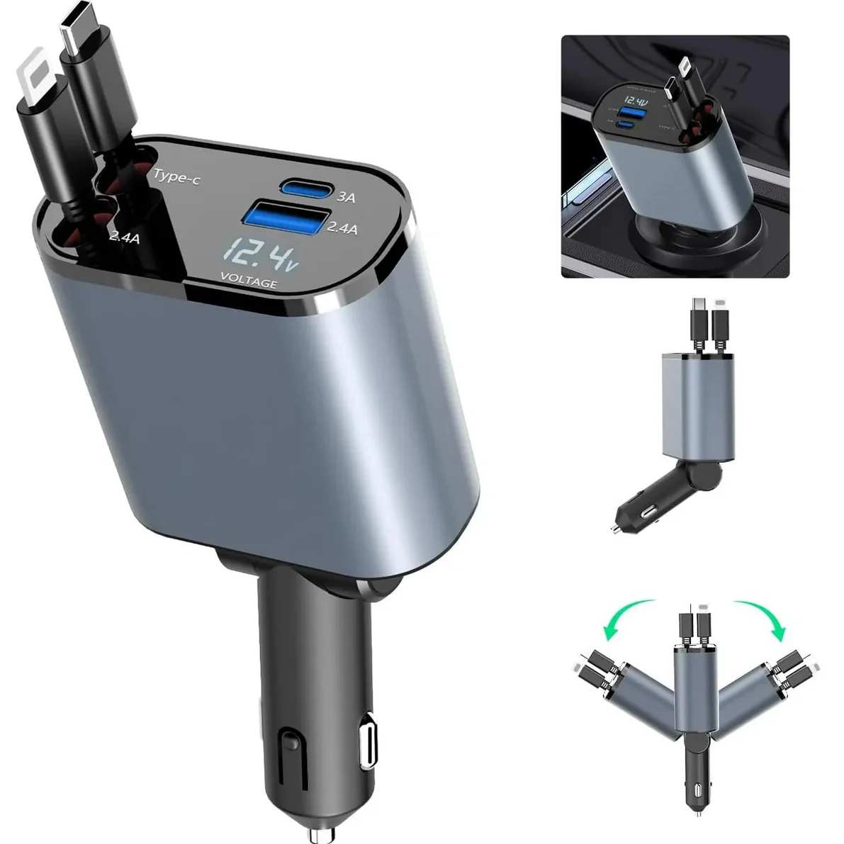 شاحن سيارة سريع وأنيق 4 في 1 - منافذ من النوع C، وiPhone، وUSB-A، وUSB-C - 120 واط بجودة ممتازة