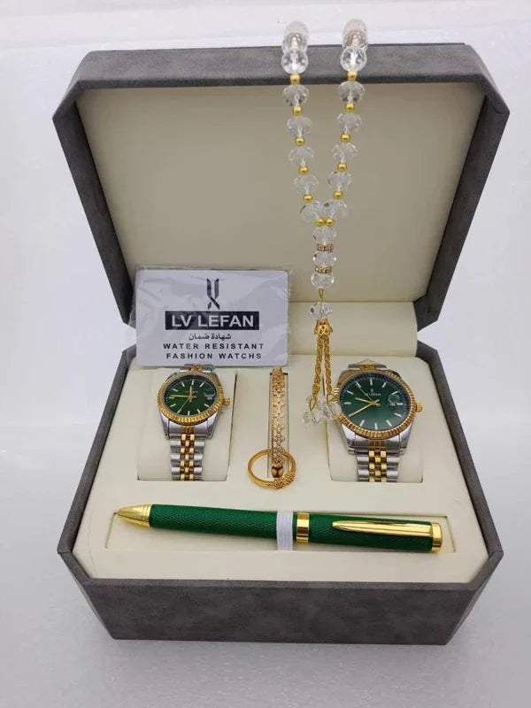 Men's Stainless Steel Set: Watch, Rosary, Pen & Cufflinks  |  طقم رجالي من الفولاذ المقاوم للصدأ: ساعة، مسبحة، قلم، وأزرار أكمام