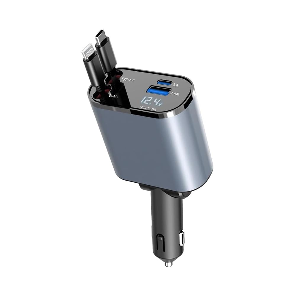 شاحن سيارة سريع وأنيق 4 في 1 - منافذ من النوع C، وiPhone، وUSB-A، وUSB-C - 120 واط بجودة ممتازة