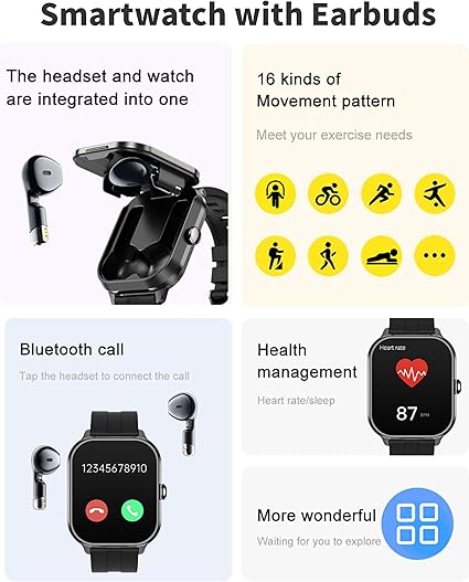 ساعة A70 الذكية مع سماعات أذن لاسلكية - مكالمات بلوتوث وتتبع اللياقة البدنية