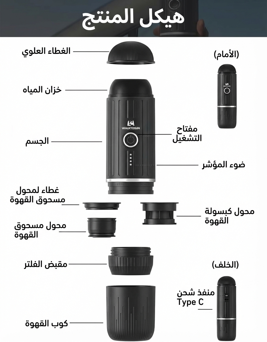 ماكينة قهوة إسبريسو صغيرة الحجم © - ماكينة قهوة قابلة لإعادة الشحن بضغط 19 بار