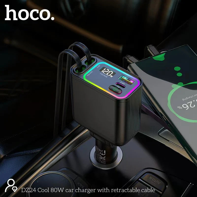 HOCO DZ24 Car Charger 4 in 1 - 80W / Type-C / iPhone type / USB-A / USB-C - Premium Quality