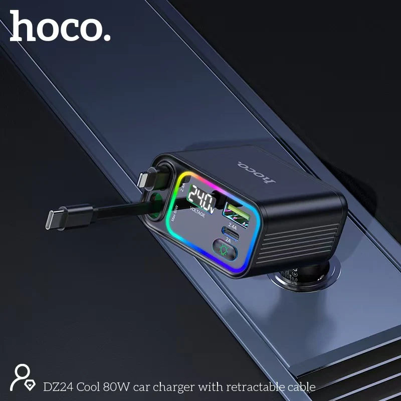 شاحن سيارة HOCO DZ24 متعدد الاستخدامات 4 في 1 - 80 واط / منفذ Type-C / منفذ iPhone / منفذ USB-A / منفذ USB-C - جودة ممتازة
