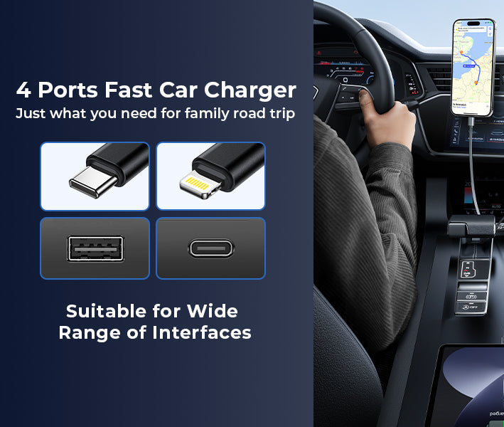 شاحن سيارة سريع وأنيق 4 في 1 - منافذ من النوع C، وiPhone، وUSB-A، وUSB-C - 120 واط بجودة ممتازة
