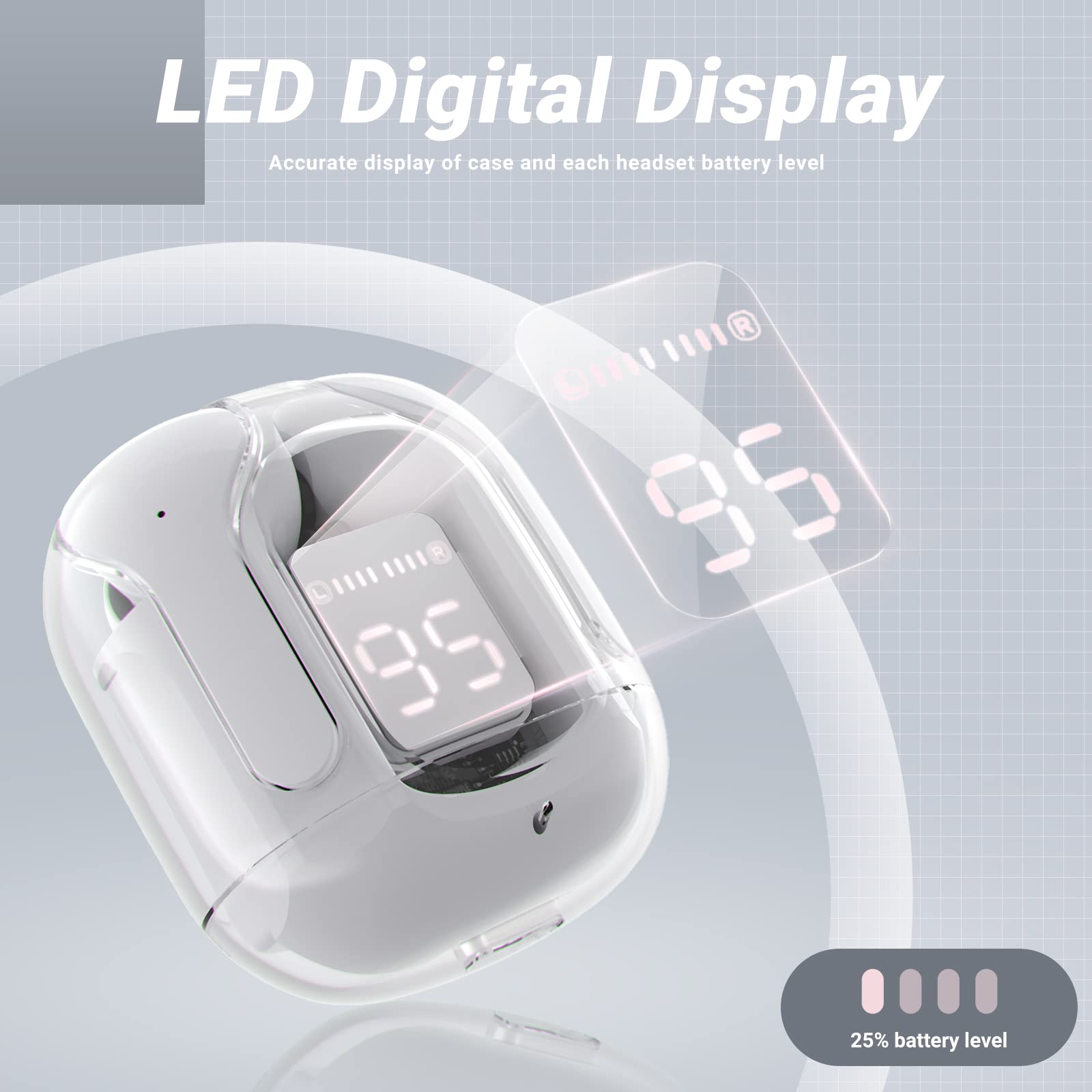 سماعات أذن لاسلكية T6 Crystal - شاشة LED، تحكم باللمس، حافظة شفافة أنيقة